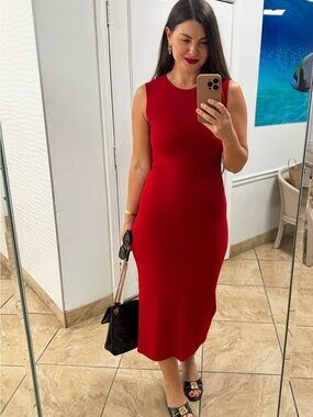 Zara Red Sleeveless Midi Bodycon Dress Large
